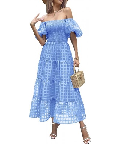 Women's Casual Summer Midi Dress Puffy Short Sleeve Square Neck Smocked Tiered Ruffle Dresses Plaid Sky Blue $23.96 Dresses