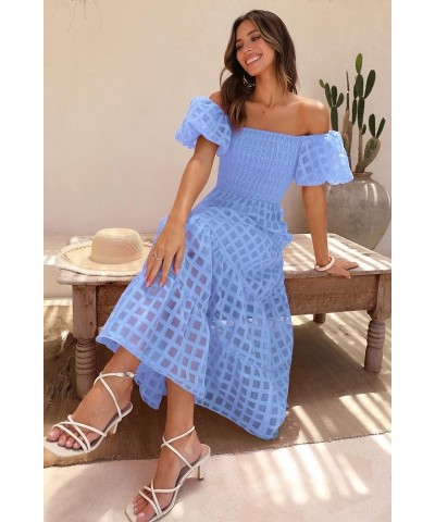 Women's Casual Summer Midi Dress Puffy Short Sleeve Square Neck Smocked Tiered Ruffle Dresses Plaid Sky Blue $23.96 Dresses