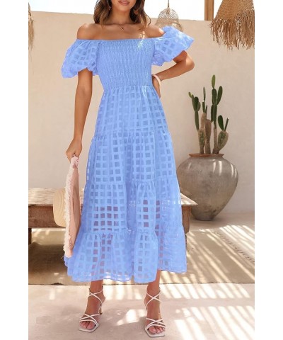 Women's Casual Summer Midi Dress Puffy Short Sleeve Square Neck Smocked Tiered Ruffle Dresses Plaid Sky Blue $23.96 Dresses