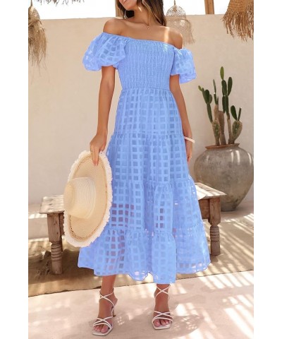 Women's Casual Summer Midi Dress Puffy Short Sleeve Square Neck Smocked Tiered Ruffle Dresses Plaid Sky Blue $23.96 Dresses