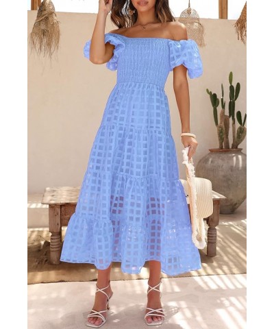 Women's Casual Summer Midi Dress Puffy Short Sleeve Square Neck Smocked Tiered Ruffle Dresses Plaid Sky Blue $23.96 Dresses