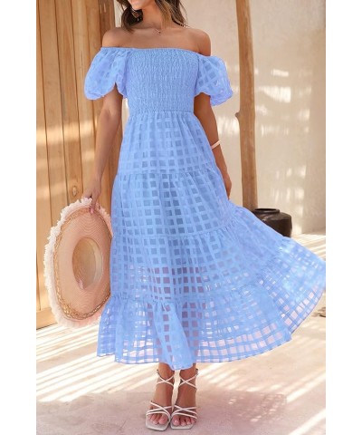 Women's Casual Summer Midi Dress Puffy Short Sleeve Square Neck Smocked Tiered Ruffle Dresses Plaid Sky Blue $23.96 Dresses