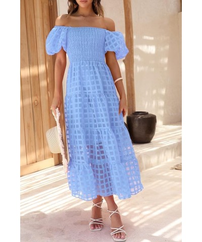 Women's Casual Summer Midi Dress Puffy Short Sleeve Square Neck Smocked Tiered Ruffle Dresses Plaid Sky Blue $23.96 Dresses