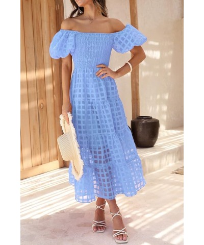 Women's Casual Summer Midi Dress Puffy Short Sleeve Square Neck Smocked Tiered Ruffle Dresses Plaid Sky Blue $23.96 Dresses