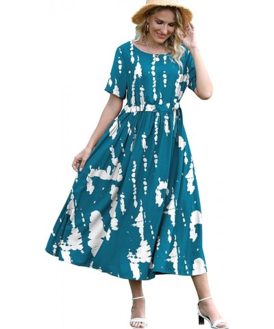 Women 2022 Summer Casual Dresses for Beach Short Sleeve Floral Boho Maxi Dresses with Belt E68 Z as Picture321 With Drawstrin...