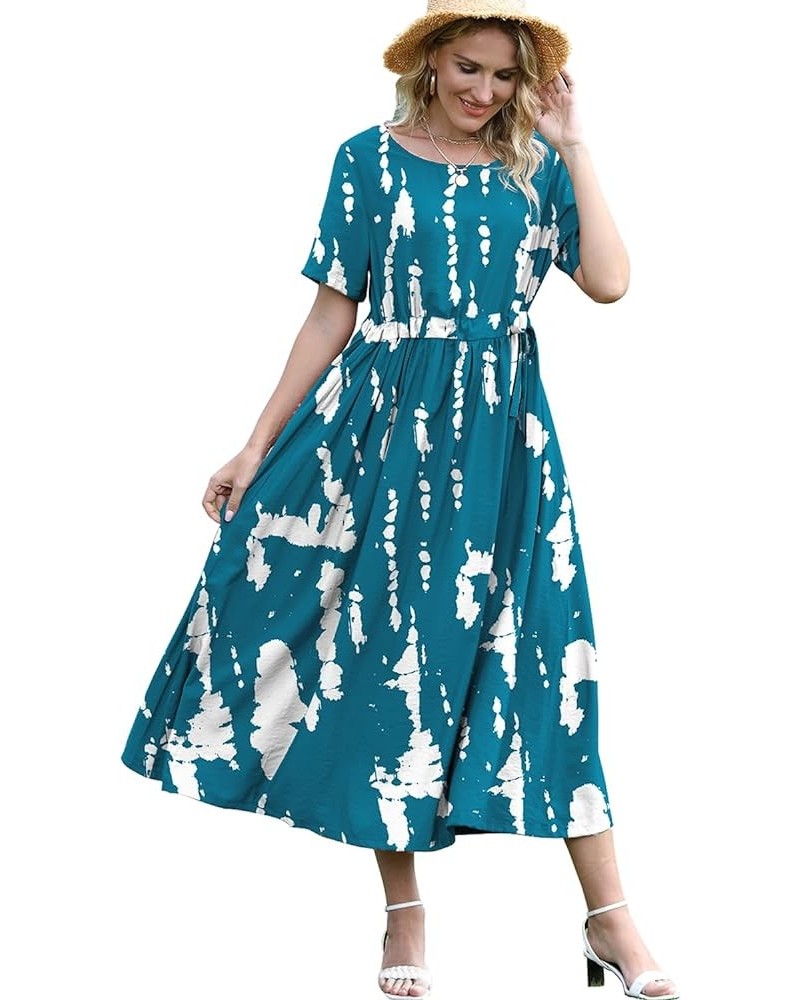 Women 2022 Summer Casual Dresses for Beach Short Sleeve Floral Boho Maxi Dresses with Belt E68 Z as Picture321 With Drawstrin...