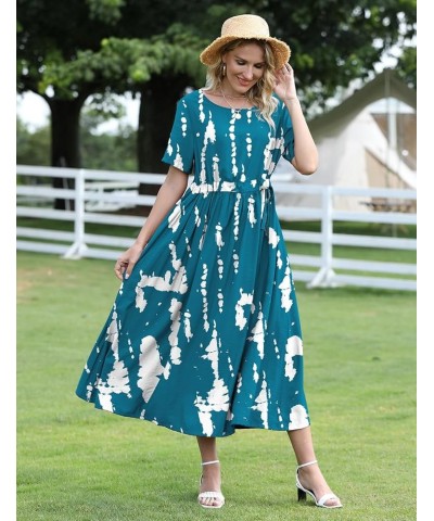 Women 2022 Summer Casual Dresses for Beach Short Sleeve Floral Boho Maxi Dresses with Belt E68 Z as Picture321 With Drawstrin...