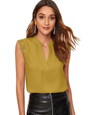 Women's Elegant Notch V Neck Sleeveless Blouse Guipure Lace Work Office Solid Top Ginger Yellow $10.00 Blouses