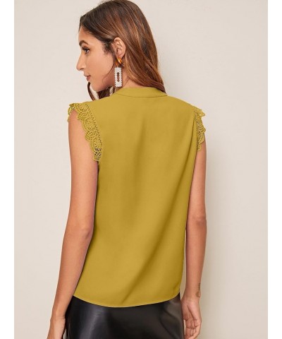 Women's Elegant Notch V Neck Sleeveless Blouse Guipure Lace Work Office Solid Top Ginger Yellow $10.00 Blouses