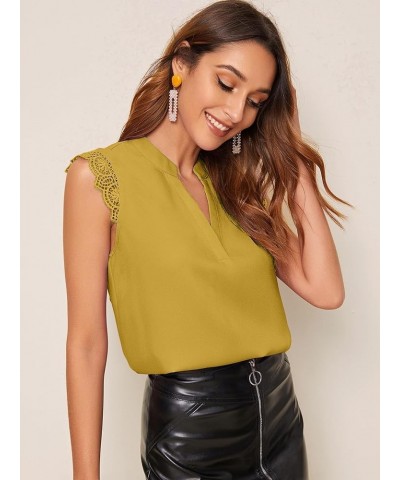 Women's Elegant Notch V Neck Sleeveless Blouse Guipure Lace Work Office Solid Top Ginger Yellow $10.00 Blouses