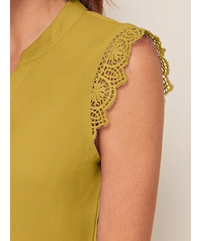 Women's Elegant Notch V Neck Sleeveless Blouse Guipure Lace Work Office Solid Top Ginger Yellow $10.00 Blouses