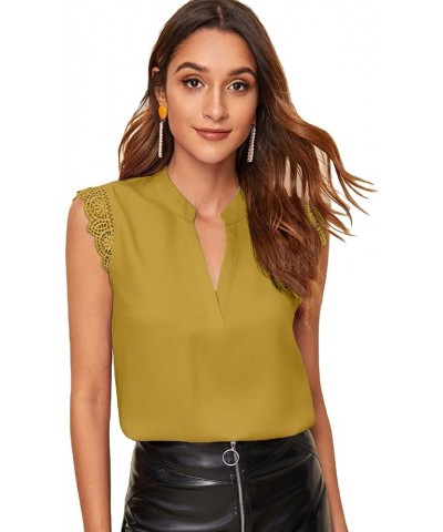 Women's Elegant Notch V Neck Sleeveless Blouse Guipure Lace Work Office Solid Top Ginger Yellow $10.00 Blouses