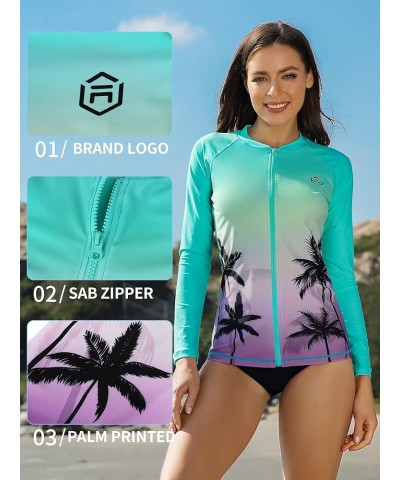 Women's Long Sleeve Rash Guard UV Sun Protection Zipper Gradient Swimsuit Top Standard Coconut Tree Green $20.34 Swimsuits