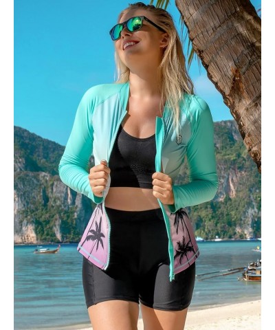 Women's Long Sleeve Rash Guard UV Sun Protection Zipper Gradient Swimsuit Top Standard Coconut Tree Green $20.34 Swimsuits