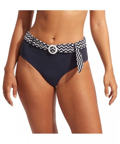 Women's Standard Belted Wide Side Retro Mid Rise Bikini Bottom Sienna True Navy $8.43 Swimsuits