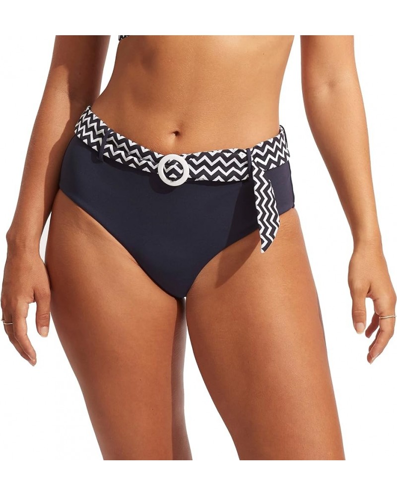 Women's Standard Belted Wide Side Retro Mid Rise Bikini Bottom Sienna True Navy $8.43 Swimsuits