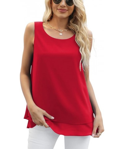 Women's Sleeveless Chiffon Tank Top Double Layers Casual Blouse Tunic D Red $13.12 Tanks