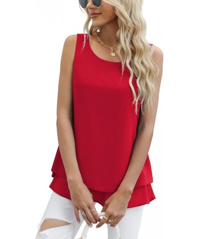 Women's Sleeveless Chiffon Tank Top Double Layers Casual Blouse Tunic D Red $13.12 Tanks