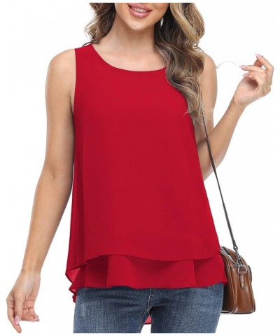 Women's Sleeveless Chiffon Tank Top Double Layers Casual Blouse Tunic D Red $13.12 Tanks