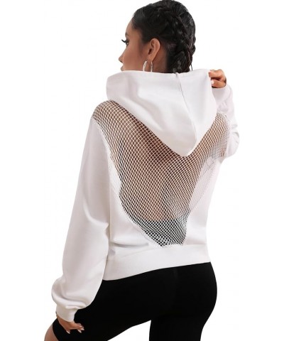 Women's Fishnet Sheer Long Sleeve Drawstring Hoodie Sweatshirt Pullover Top White $12.40 Hoodies & Sweatshirts