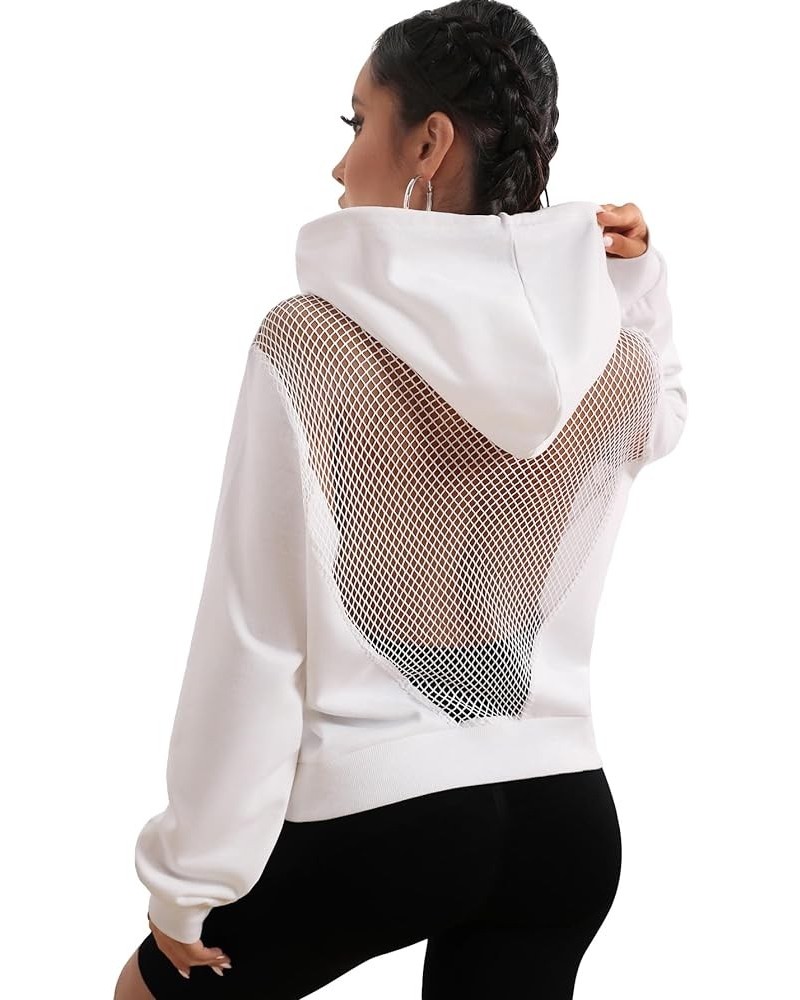 Women's Fishnet Sheer Long Sleeve Drawstring Hoodie Sweatshirt Pullover Top White $12.40 Hoodies & Sweatshirts