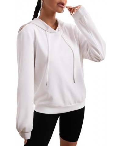 Women's Fishnet Sheer Long Sleeve Drawstring Hoodie Sweatshirt Pullover Top White $12.40 Hoodies & Sweatshirts