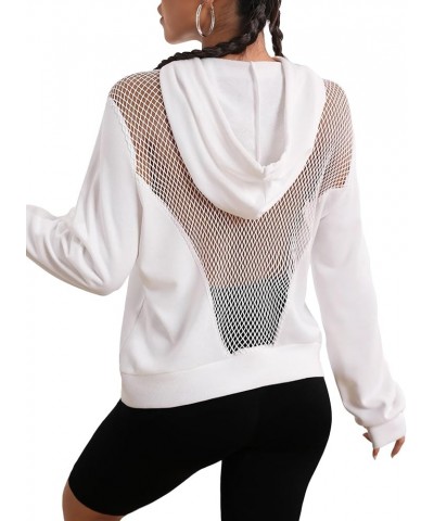 Women's Fishnet Sheer Long Sleeve Drawstring Hoodie Sweatshirt Pullover Top White $12.40 Hoodies & Sweatshirts