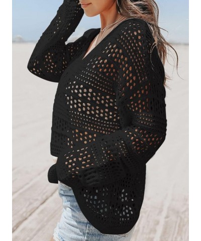 Women's Summer Crochet Hollow Out Blouse Long Sleeve Beach Cover Up Tunic Top (S-XXL) B Black $15.41 Swimsuits