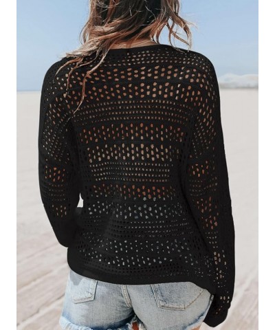 Women's Summer Crochet Hollow Out Blouse Long Sleeve Beach Cover Up Tunic Top (S-XXL) B Black $15.41 Swimsuits