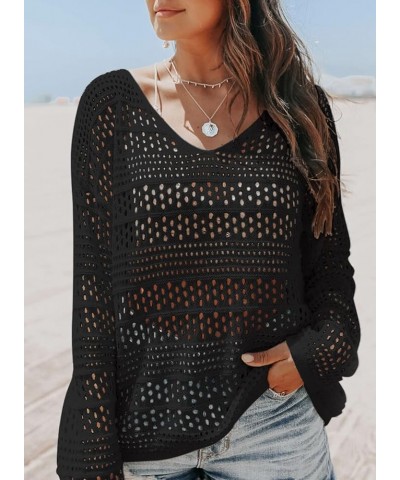 Women's Summer Crochet Hollow Out Blouse Long Sleeve Beach Cover Up Tunic Top (S-XXL) B Black $15.41 Swimsuits