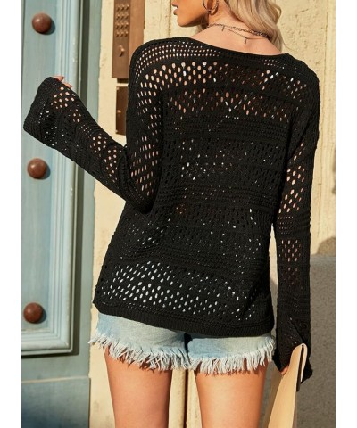 Women's Summer Crochet Hollow Out Blouse Long Sleeve Beach Cover Up Tunic Top (S-XXL) B Black $15.41 Swimsuits