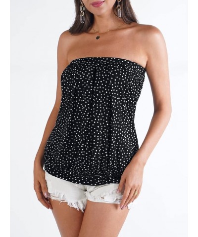 Women's Summer Beach Tie Dye Sleeveless Stretchy Pleated Tube Tops Black Polka Dots $14.99 Tanks