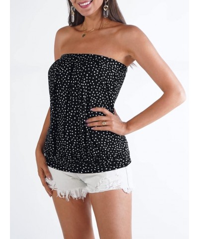 Women's Summer Beach Tie Dye Sleeveless Stretchy Pleated Tube Tops Black Polka Dots $14.99 Tanks