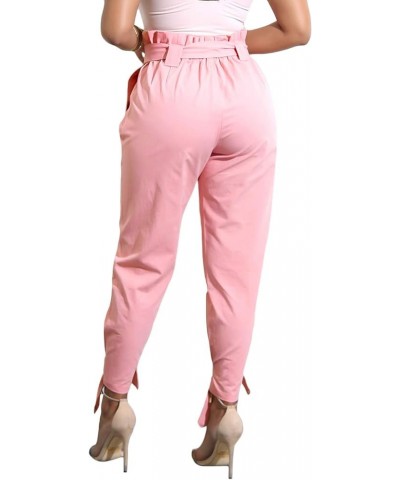 Women's Casual Loose Paper Bag Waist Long Pants Trousers with Bow Tie Belt Pockets A-pink $16.38 Pants