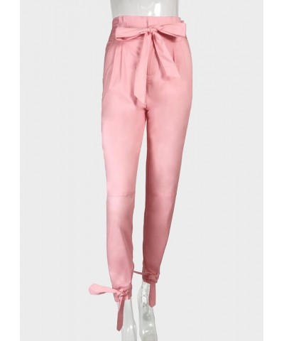 Women's Casual Loose Paper Bag Waist Long Pants Trousers with Bow Tie Belt Pockets A-pink $16.38 Pants