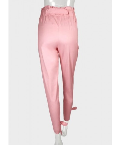 Women's Casual Loose Paper Bag Waist Long Pants Trousers with Bow Tie Belt Pockets A-pink $16.38 Pants