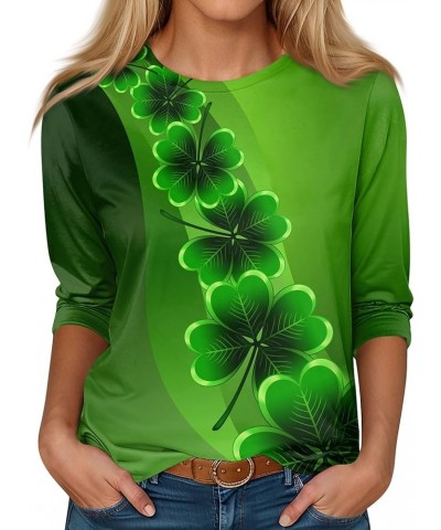 St Patricks Day Tops for Women Shamrock Printed T-Shirts 2024 Trendy 3/4 Sleeves Round Neck Casual Loose Fit Tops 02-turquois...