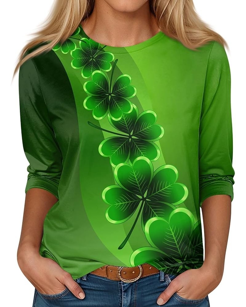 St Patricks Day Tops for Women Shamrock Printed T-Shirts 2024 Trendy 3/4 Sleeves Round Neck Casual Loose Fit Tops 02-turquois...