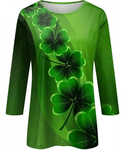 St Patricks Day Tops for Women Shamrock Printed T-Shirts 2024 Trendy 3/4 Sleeves Round Neck Casual Loose Fit Tops 02-turquois...