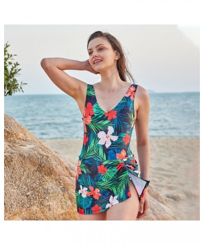 One Piece Swimdress Swimsuits for Women Tummy Control Tie Knot Swim Skirt V Neck Bathing Suit Flower $22.79 Swimsuits