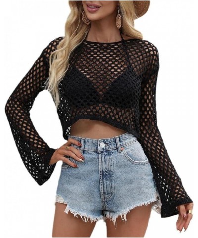 Women's Mesh Crochet Crop Top Long Sleeve Hollow Out Knit Pullover Sweater Bikini Beach See Through Cover Ups Black $11.50 Sw...