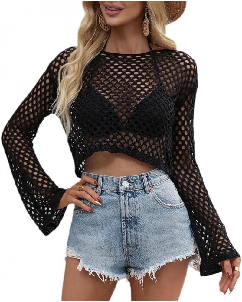 Women's Mesh Crochet Crop Top Long Sleeve Hollow Out Knit Pullover Sweater Bikini Beach See Through Cover Ups Black $11.50 Sw...