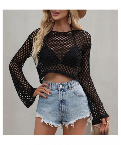 Women's Mesh Crochet Crop Top Long Sleeve Hollow Out Knit Pullover Sweater Bikini Beach See Through Cover Ups Black $11.50 Sw...