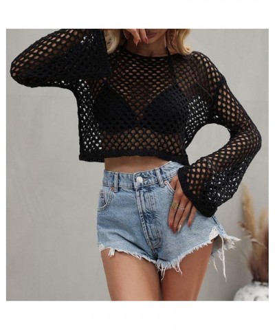 Women's Mesh Crochet Crop Top Long Sleeve Hollow Out Knit Pullover Sweater Bikini Beach See Through Cover Ups Black $11.50 Sw...