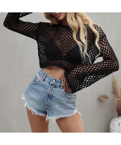 Women's Mesh Crochet Crop Top Long Sleeve Hollow Out Knit Pullover Sweater Bikini Beach See Through Cover Ups Black $11.50 Sw...