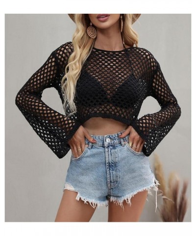 Women's Mesh Crochet Crop Top Long Sleeve Hollow Out Knit Pullover Sweater Bikini Beach See Through Cover Ups Black $11.50 Sw...