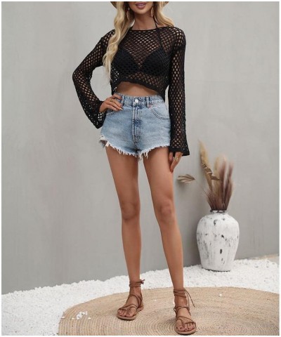 Women's Mesh Crochet Crop Top Long Sleeve Hollow Out Knit Pullover Sweater Bikini Beach See Through Cover Ups Black $11.50 Sw...