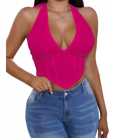 Sexy Crop Y2k Tops for Women Deep V Neck Corset Backless Halter Tops Going Out Sleeveless Cami Tank Top Hot Pink $9.85 Tanks