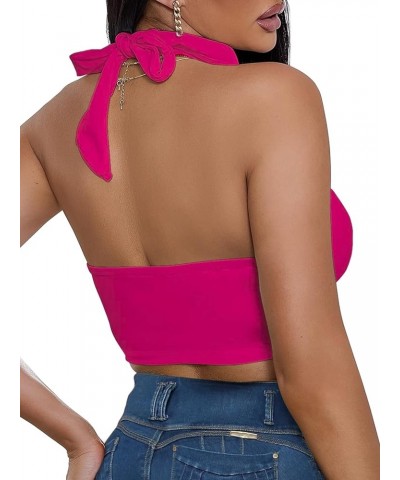 Sexy Crop Y2k Tops for Women Deep V Neck Corset Backless Halter Tops Going Out Sleeveless Cami Tank Top Hot Pink $9.85 Tanks