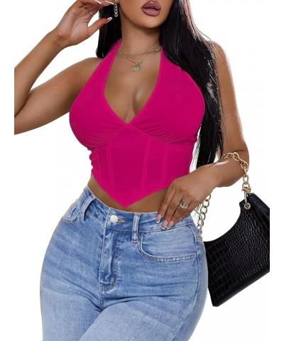 Sexy Crop Y2k Tops for Women Deep V Neck Corset Backless Halter Tops Going Out Sleeveless Cami Tank Top Hot Pink $9.85 Tanks